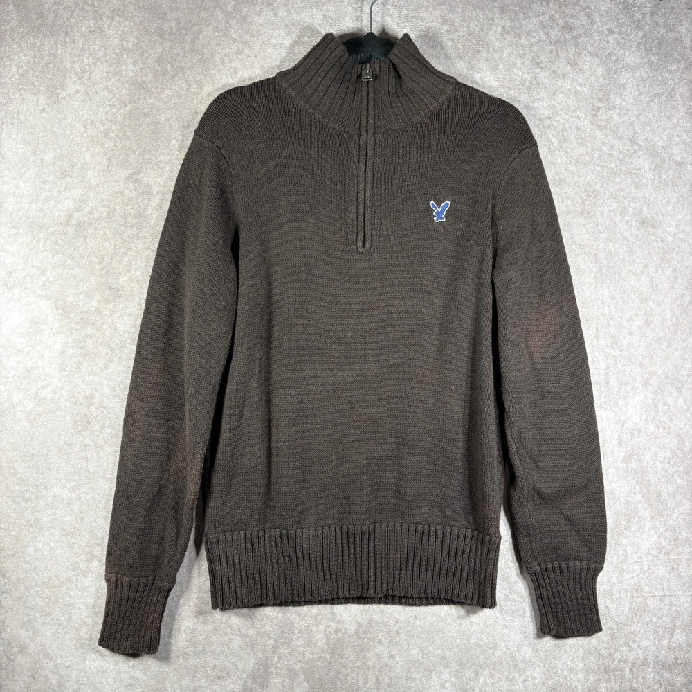 American Eagle‎ Sweater Mens Medium Brown Knit Quarter Zip Pullover Preppy Y2K